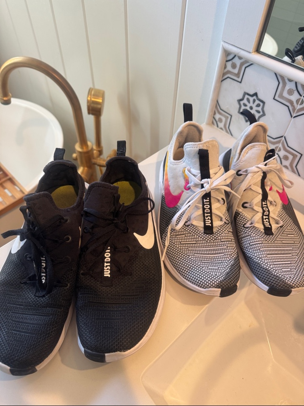 Nike Sneakers — Black Pair & White Pair with Pink Swoosh